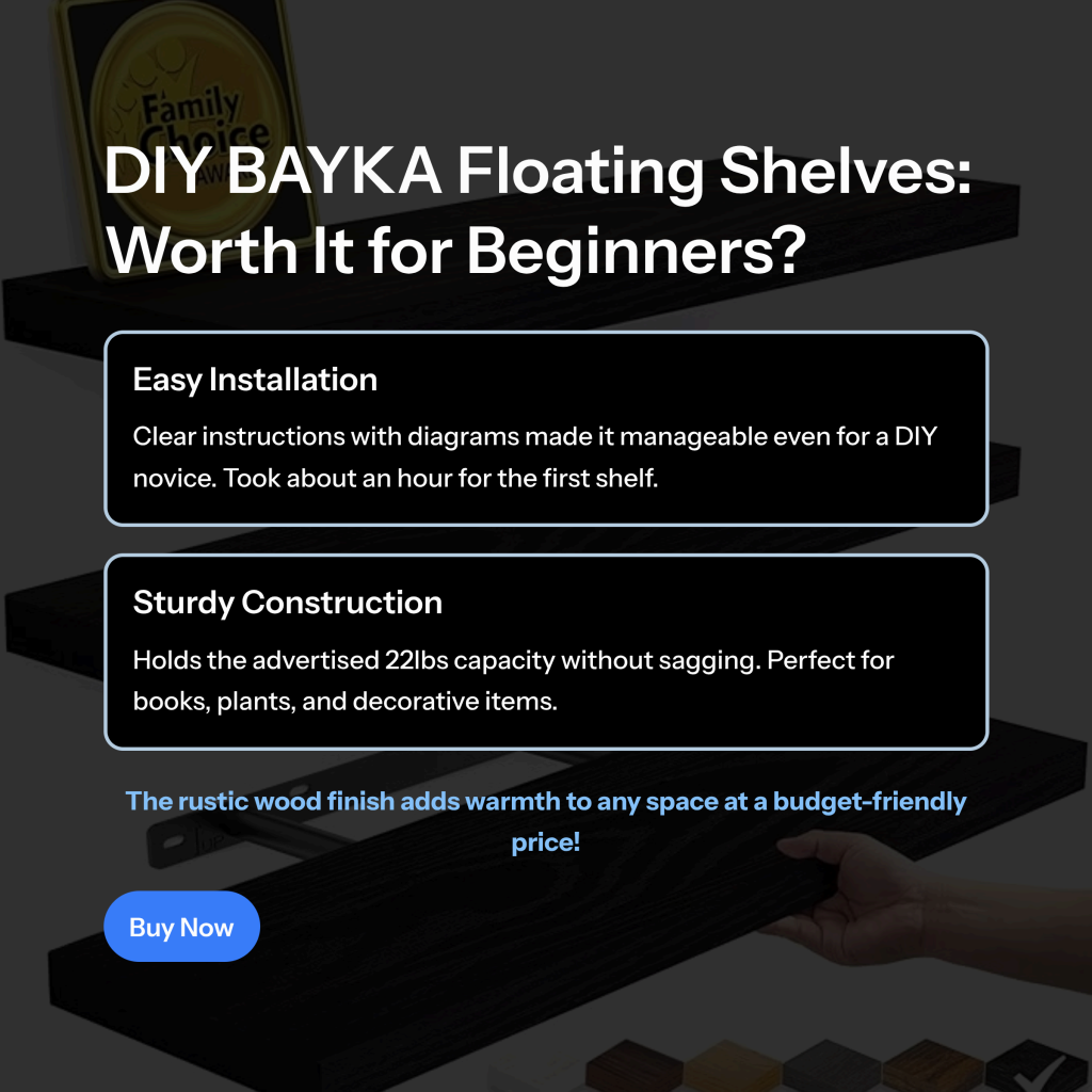 An honest review of BAYKA floating shelves. My DIY install experience and if these rustic wood shelves are worth the price and effort.